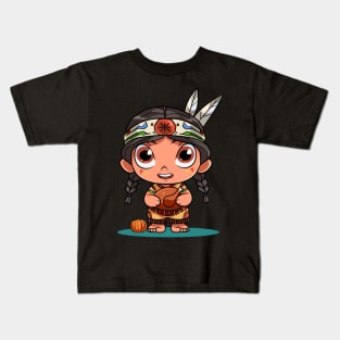 Funny Thanksgiving Native American Girl Pumpkin Turkey Kids T-Shirt